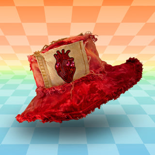 Red Queen of Hearts Tie Dye Hat with Beaded Real Heart Front Pocket Patch