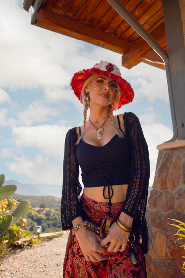 Alyssa Risley Photography | Woman wearing Red Tie Dye Denim Hat with Real Heart Beaded Patch and Crystal Necklace | Festival Fashion | Neon Nomade