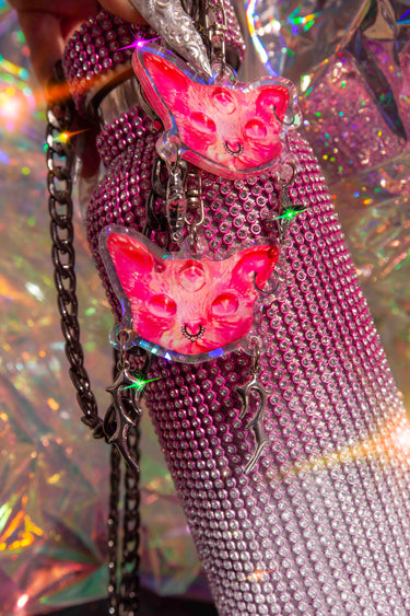 Barbie Pink Cat Keychain Kitty Charm for Water Bottle Chains, Keys and Bag Accessories Goth Witch Witchcore Whimsigoth Third Eye with Antlers and Stars Charms Holo Holographic Y2K on Pink Diamond Bling Water Bottles | Neon Diamond and Neon Nomade Festival Rave Fashion and Accessories