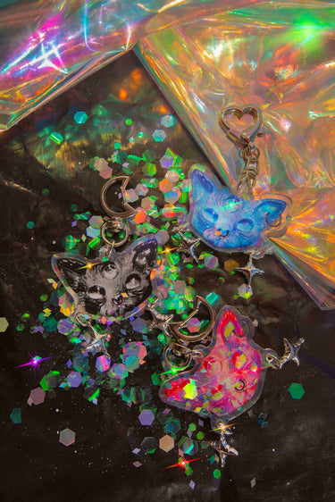 Blue and Black and Pink Acid Cat Keychains Kitty Charm for Water Bottle Chains, Keys and Bag Accessories Goth Witch Witchcore Whimsigoth Third Eye with Antlers and Stars Charms Holo Holographic Glitter Y2K Cute Cutesy Girly | Neon Diamond and Neon Nomade Festival Rave Fashion and Accessories
