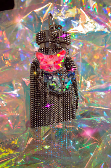 Pink and Black Cat Keychain Kitty Charm for Water Bottle Chains, Keys and Bag Accessories Goth Witch Witchcore Whimsigoth Third Eye with Antlers and Stars Charms Holo Holographic Y2K on Charcoal Snow Black Diamond Bling Water Bottles | Neon Diamond and Neon Nomade Festival Rave Fashion and Accessories