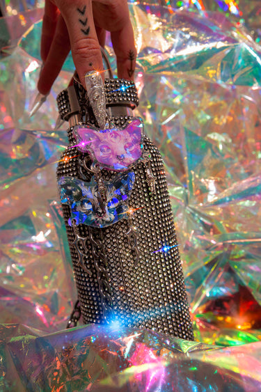Purple and Black Cat Keychain Kitty Charm for Water Bottle Chains, Keys and Bag Accessories Goth Witch Witchcore Whimsigoth Third Eye with Antlers and Stars Charms Holo Holographic Y2K on Diamond Bling Water Bottles | Neon Diamond and Neon Nomade Festival Rave Fashion and Accessories