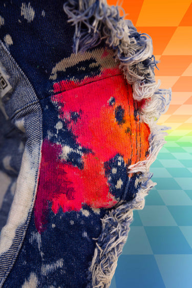 Brim of Rainbow Blacklight UV Glow Painted Artist Frayed Denim Bucket Hat | Hand Painted Festival Rave Fashion | Neon Nomade