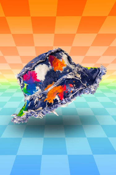 Rainbow Blacklight UV Glow Painted Frayed Denim Bucket Hat | Festival Rave Fashion | Neon Nomade