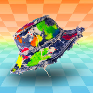 Rainbow Blacklight UV Glow Painted Artist Frayed Denim Bucket Hat | Festival Rave Fashion | Neon Nomade