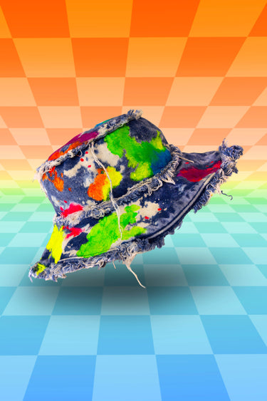 Rainbow Blacklight UV Glow Painted Artist Frayed Denim Bucket Hat | Festival Rave Fashion | Neon Nomade