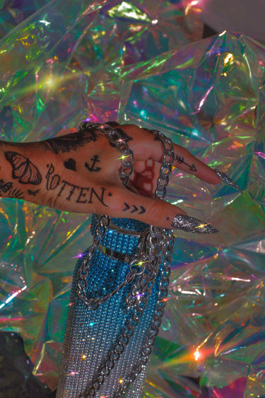 Hand with Tattoo Holding Blue Ice Bling Diamond Ombre Water Bottle with Rhinestones for Festivals and the Gym | Sizes: 500ML 750ML and 1L Liter Goth Witch Witchcore Whimsigoth Y2K Holographic | Neon Diamond and Neon Nomade Festival Rave Fashion and Accessories