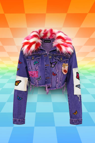Purple Denim Cropped Jacket with Rainbow Colorful Butterfly Patches and Oversized 70's Style Confetti Pink Faux Fur Collar | Festival Girly Rave Retro Style Fashion | Neon Nomade by Alyssa Risley