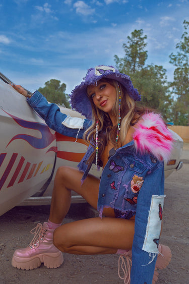 Purple Butterfly Tie Dye Denim Bucket Hat and matching Cropped Jacket with Pink Faux Fur Collar on Model | LIB Festival Fashion | Neon Nomade & Alyssa Risley