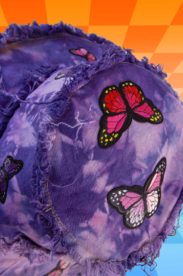 Top View Purple Butterfly Tie Dye Denim Bucket Hat with Frayed Distressed Edges | Handmade Upcycled Festival Rave Fashion | Neon Nomade