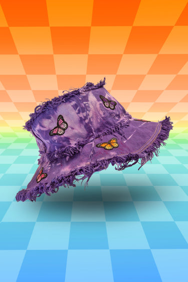 Purple Butterfly Tie Dye Denim Bucket Hat with Frayed Distressed Edges | Handmade Upcycled Festival Rave Fairy Fairycore Goth Fashion | Neon Nomade