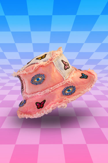 Pink Tie Die Bucket Hat with Evil Eyes Jewel Diamonds and Butterfly Patches and Frayed Edges | Festival Forestcore Fairy Patchwork Upcycled Rave Fashion | Neon Nomade