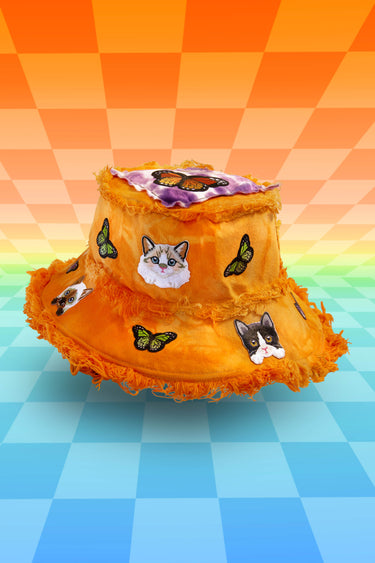 Orange Cat Tie Dye Denim Bucket Hat with Cats Kitties Kittens and Butterflies and Frayed Distressed Edges and Front Stash Velcro Pocket with butterfly Batik Top Patch | One of a Kind Festival Rave Burning Man Coachella EDC LIB Electric Forest Shambhala Fashion | Neon Nomade