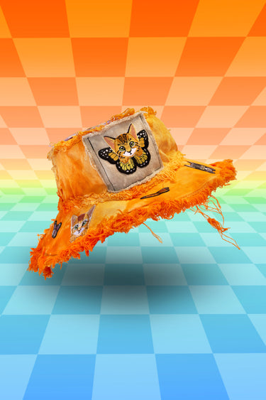 Orange Tie Dye Denim Bucket Hat with Cats and Butterflies and Frayed Distressed Edges and Front Stash Velcro Pocket | One of a Kind Festival Rave Burning Man Coachella EDC LIB Electric Forest Shambhala Fashion | Neon Nomade