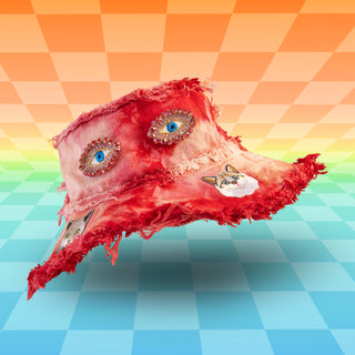 Red and Pink Tie Die Bucket Hat with Cats and Eyes Jewel Patches and Frayed Distressed Edges | Festival Fairy Rave EDC Burning Man Fashion | Neon Nomade