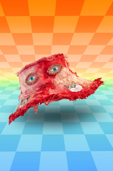 Red and Pink Tie Die Bucket Hat with Cats and Eyes Jewel Patches and Frayed Distressed Edges | Festival Fairy Rave EDC Burning Man Fashion | Neon Nomade