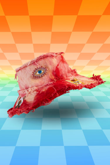 Red and Pink Tie Die Bucket Hat with Cats and Evil Eyes Jewel Diamond Patch and Frayed Distressed Edges | Festival Fairy Rave EDC Burning Man Fashion | Neon Nomade