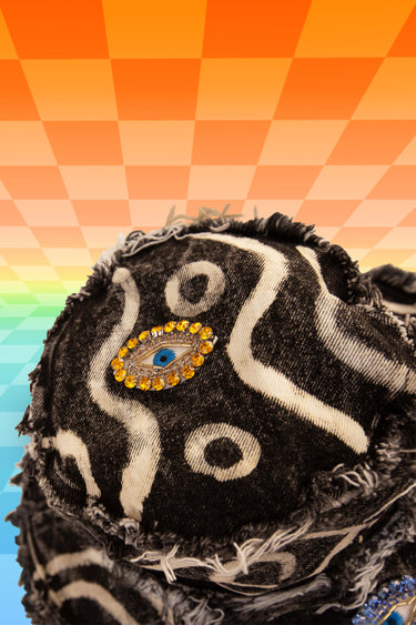 Top View Crying Rain Eyes Evil Eye Jewel Patch Hand Painted Bleach Dye Black Denim Bucket Hat with Distressed Frayed Edges | Festival Fashion Rave Goth Steampunk Witchcore Witchy Diamond Patches Burning Man | Neon Nomade
