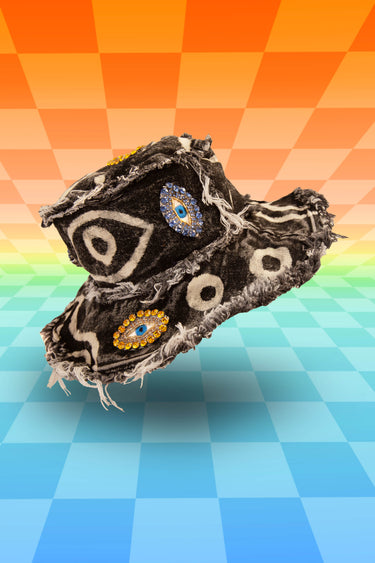 Crying Rain Eyes Evil Eye Hand Painted Bleach Dye Black Denim Bucket Hat with Distressed Frayed Edges | Festival Rave Goth Steampunk Witchcore Witchy Diamond Patches Burning Man Tulum Fashion Ibiza Style | Neon Nomade