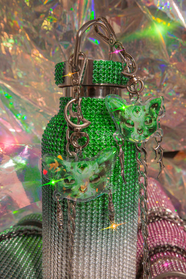 Green Cat Keychain Kitty Charm for Water Bottle Chains, Keys and Bag Accessories Goth Witch Witchcore Whimsigoth Third Eye with Antlers and Stars Charms Holo Holographic Y2K on Green Ombre Diamond Bling Water Bottles | Neon Diamond and Neon Nomade Festival Rave Fashion and Accessories