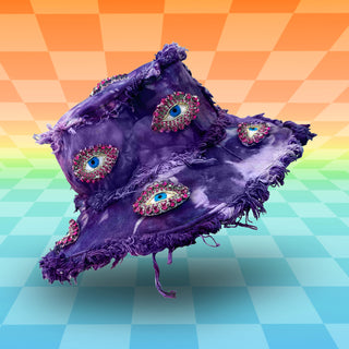 Purple Tie Die Bucket Hat with Evil Eye Jewel Patches and Frayed Edges | Festival Forestcore Fairy Rave Style Fashion | Neon Nomade