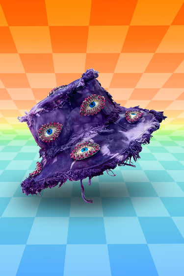 Purple Tie Die Bucket Hat with Evil Eye Jewel Patches and Frayed Edges | Festival Forestcore Fairy Rave Style Fashion | Neon Nomade