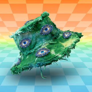 Green Tie Die Bucket Hat with Evil Eye Jewel Patches and Frayed Edges | Festival Forestcore Fairy Rave Style Fashion | Neon Nomade