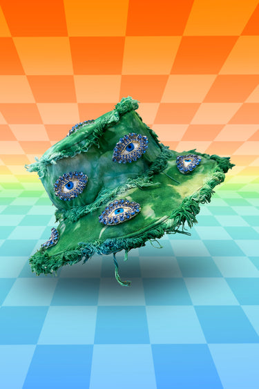 Green Tie Die Bucket Hat with Evil Eye Jewel Patches and Frayed Edges | Festival Forestcore Fairy Rave Style Fashion | Neon Nomade