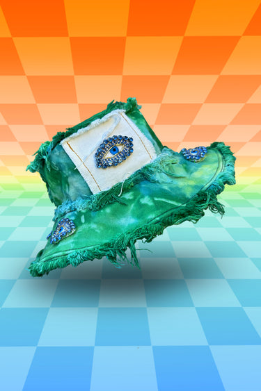 Green Blue Tie Die Bucket Hat with Evil Eye Jewel Patches and Frayed Edges with Front Stash Velcro Pocket | Festival Forestcore Fairy Rave Fashion | Neon Nomade