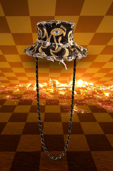 Flames Fire Third Eye Hand Painted Bleach Dye Black Denim Bucket Hat with Distressed Frayed Edges and Hanging Chain Strap | Festival Rave Goth Steampunk Witchcore Witchy Diamond Patches Burning Man Tulum Fashion Ibiza Style | Neon Nomade