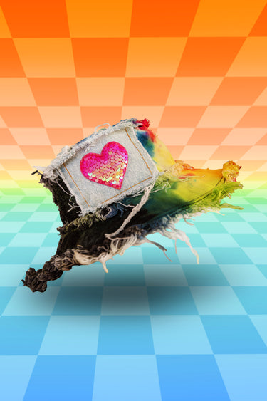 Half and Half Reverse Dye Rainbow Tie Dye Black Denim Bucket Hat with Hot Pink Heart Sequin Patch Pocket and Frayed Distressed Edges | Handmade Festival Rave Goth Witch Witchcore Fashion | Neon Nomade