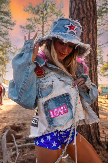 Star Denim Bucket Hat and Custom Oversized Denim Jacket with Love Pocket, Chains and Pink Faux Fur Collar | Mixtape Jacket | Festival Fashion | Neon Nomade & Alyssa Risley
