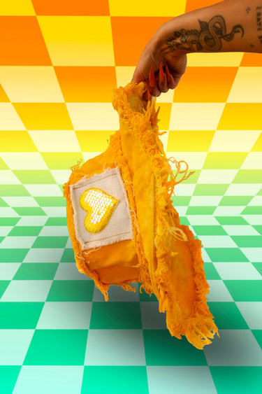Yellow Tie Dye Sequin Patch Bucket Hat with Stash Pocket | Handmade Festival Hat | Neon Nomade