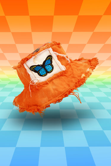 Orange Hippie Tie Dye Denim Batik Bucket Hat with Blue Butterfly Patch and Front Stash Velcro Pocket | Handmade Festival Rave Fairy Forest Boho Fashion | Neon Nomade