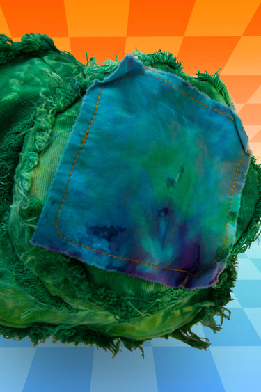 Top of Green Hippie Tie Dye Denim Batik Bucket Hat | Handmade Festival Fashion | Neon Nomade