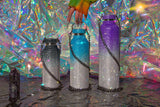 Blue, Black, and Purple Ice Bling Diamond Ombre Water Bottles with Black Gunmetal Chains and Rhinestones | 3 Sizes: 500ML 750ML and 1L Liter Goth Witch Witchcore Whimsigoth Y2K | Neon Diamond and Neon Nomade Festival Girly Rave Fashion and Boujee Gym Accessories