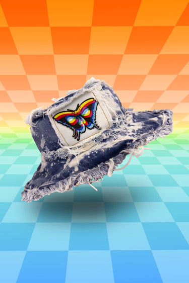 Trippy Butterfly Hippie Tie Dye Splatter Bleach Denim Bucket Hat with Front Stash Pocket and Sequin Top Love Patch and Frayed Edges | Handmade Upcycled Festival Rave Fashion | Neon Nomade