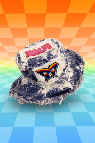 Trippy Butterfly Hippie Tie Dye Splatter Bleach Denim Bucket Hat with Front Stash Pocket and Sequin Top Love Patch and Frayed Edges | Handmade Upcycled Festival Rave Fashion | Neon Nomade