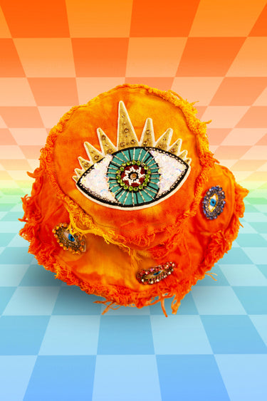 Fluorescent Orange Tie Die Bucket Hat with Evil Eyes Jewel Diamond Patch and Frayed Edges | Festival Boho Upcycled Rave Fashion | Neon Nomade