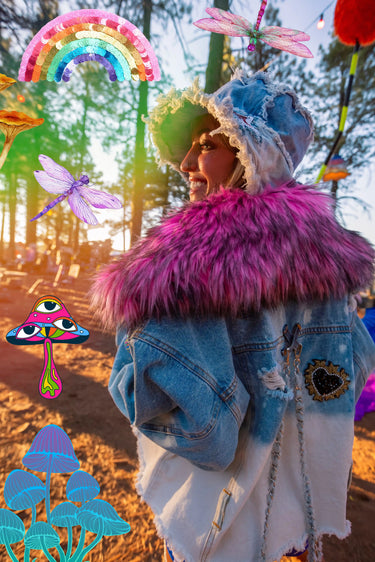 Collage of Mixtape Oversized Denim Cropped Jacket with Love Sequin Cassettes and Heart Patches and Oversized 70's Style Pink Faux Fur Collar and Removable Hanging Denim Chain Straps | Festival Girly Rave Retro Style Fashion | Neon Nomade worn by Alyssa Risley in the forest at Desert Hearts