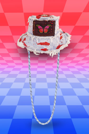 Painted Queen of Hearts Faded Blue Denim Bucket Hat with Red Butterfly Front Patch Stash Pocket and Hanging Chain Strap with Frayed Distressed Edges | One of a Kind Festival Fashion for Raves Burning Man Fashion for EDC LIB Electric Forest Bass Style | Neon Nomade
