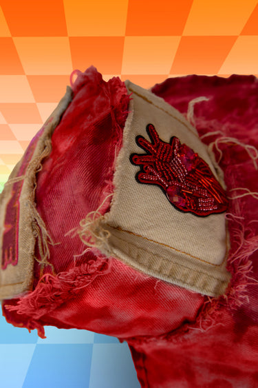 Red Tie Dye Denim Hat with Real Heart Beaded Patch Stash Pocket Close Up | Festival Fashion | Neon Nomade