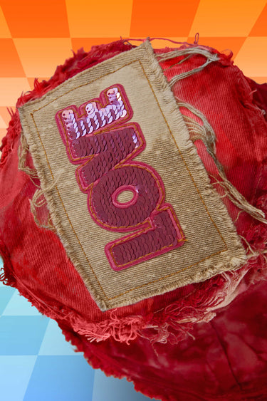Red Tie Dye Denim Hat with Love Sequin Patch Top View | Festival Fashion | Neon Nomade