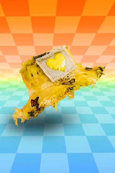 Yellow with Moss Green Spots Tie Dye Denim Bucket Hat with Sequin Heart Front Patch Stash Pocket and Tiny Butterflies with Frayed Distressed Edges | One of a Kind Festival Rave Burning Man Fashion for EDC LIB Electric Forest Forestcore Whimsigoth Shambhala | Neon Nomade