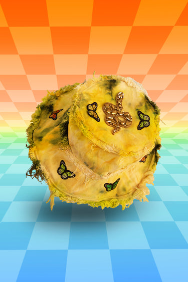 Jewel Snake Top View of Yellow with Moss Green Spots Tie Dye Denim Bucket Hat with Butterflies and Sequin Heart Front Patch Stash Pocket with Frayed Distressed Edges | One of a Kind Festival Rave Burning Man Fashion for EDC LIB Electric Forest Forestcore Whimsigoth Shambhala | Neon Nomade