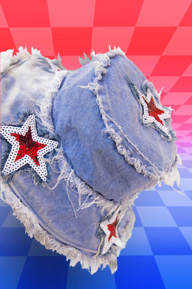 Denim Faded Bucket Hat with Star Sequin Patches Smiling Model Portrait in Denim Bucket Hat | Red White and Blue 4th of July Hat | Festival Fashion | Neon Nomade