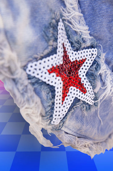 Brim Close Up of Denim Faded Bucket Hat with Star Sequin Patches | Red White and Blue 4th of July Hat | Festival Fashion | Neon Nomade