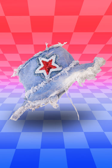 Blue Faded Denim Hat with Red and White Star Sequin Patch | Red White and Blue 4th of July Hat | Festival Fashion | Neon Nomade