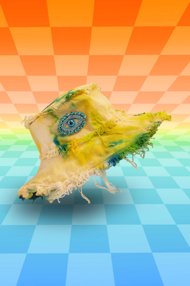 Yellow Blue Green Third Eye Tie Dye Denim Bucket Hat with Jewel Diamond Evil Eyes and Frayed Distressed Edges | One of a Kind Festival Rave Burning Man Coachella EDC LIB Electric Forest Fashion | Neon Nomade