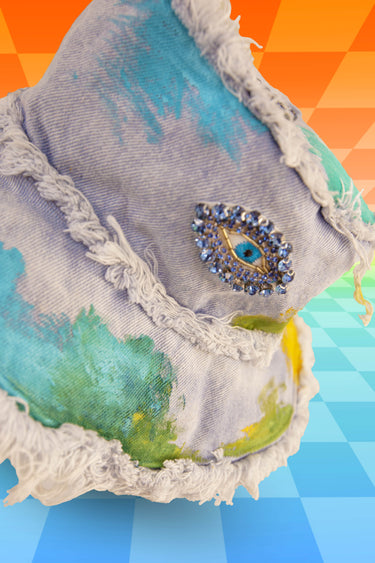 Top View of Third Eye Bucket Hat Hand Painted with Jewel Diamonds Patches and Frayed Distressed Edges | One of a Kind Festival Rave Burning Man Fashion | Neon Nomade